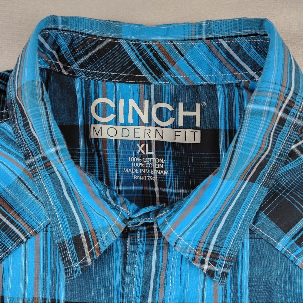 Cinch Modern Fit Western Shirt Men's XL Blue Plaid Snap Long Sleeve Cowboy - Picture 4 of 16